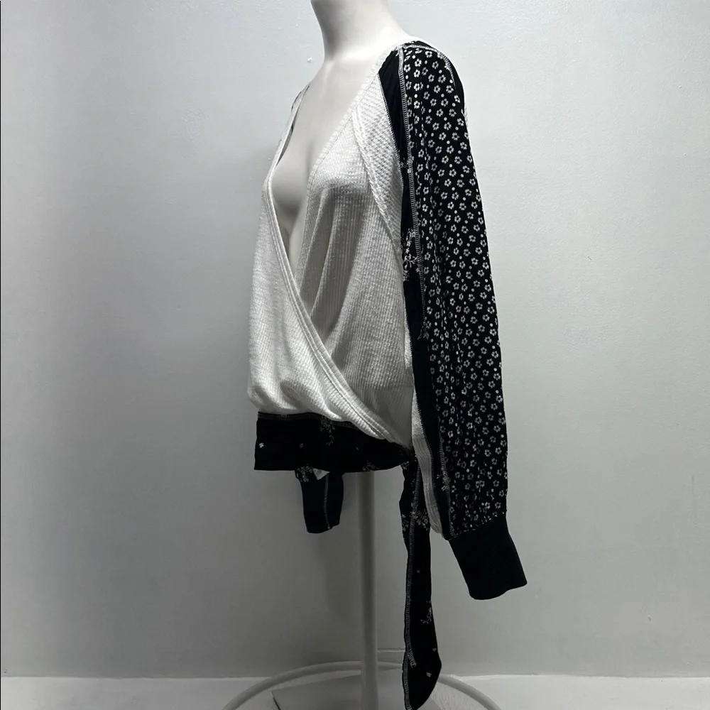 Free People Auxton Thermal Tie Waist Long Sleeve Shirt Top Ivory Black Medium